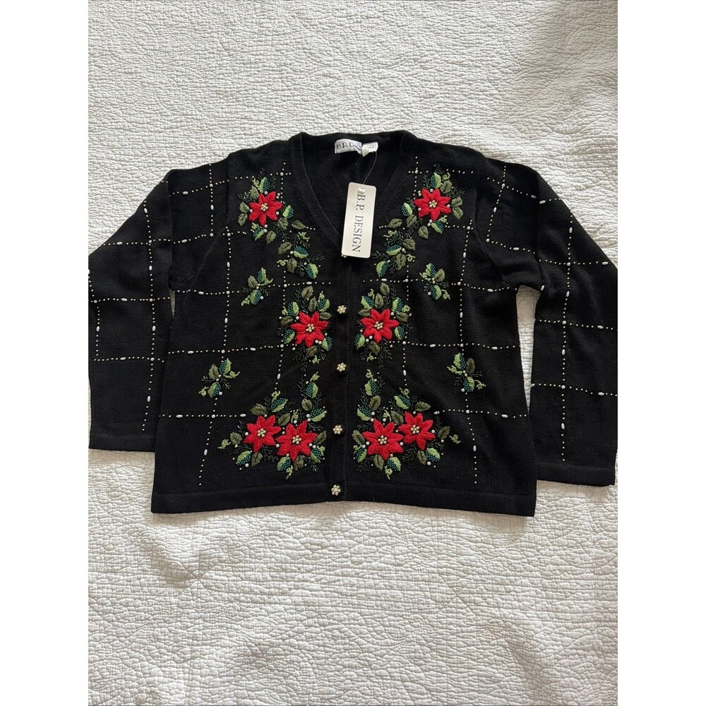 B.P. Designs Black Cardigan Beaded Sweater CHRISTMAS Poinsettias Large NWT